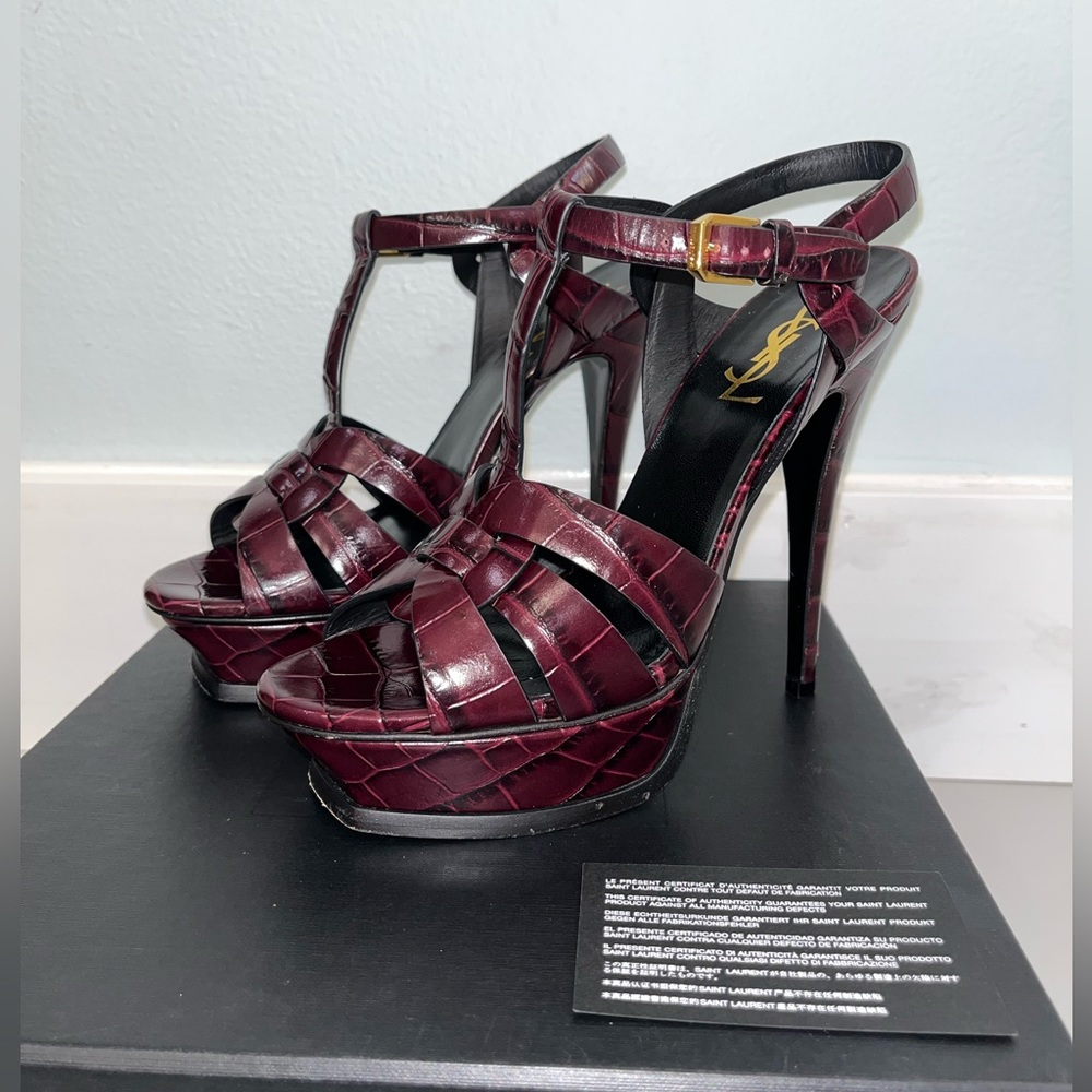 YSL Tribute Platform Sandals 105 Crocodile Embossed